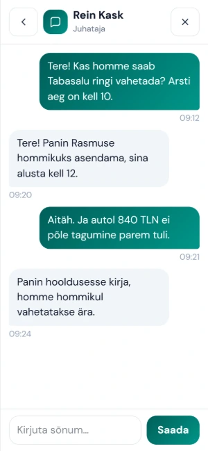 Tööalane vestlus rakenduses: kuller küsib ringi vahetust, juhataja vastab
