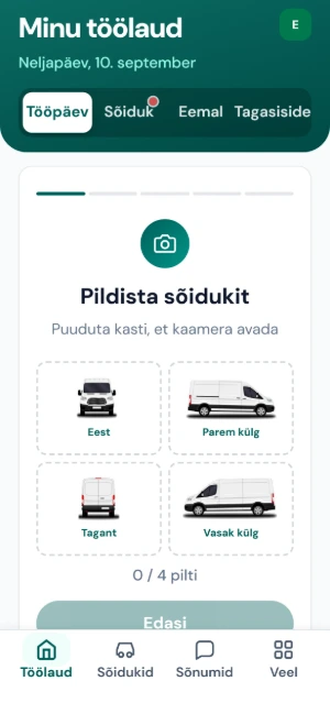 Sõiduki pildistamise ekraan: neli pildikasti, eest, parem külg, tagant, vasak külg